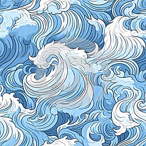 Seamless pattern hand drawn waves and curls backgrounds in solid white and light blue colors