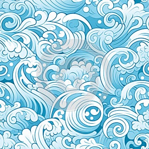 Seamless pattern with hand drawn waves and curls on solid white and light blue backgrounds