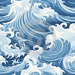 Seamless pattern hand drawn waves and curls on solid white and light blue backgrounds