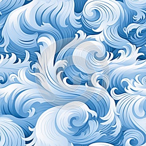 Seamless pattern with hand drawn waves and curls on solid white and light blue backgrounds