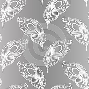 Seamless pattern, hand drawn white peacock feathers on a gray background. Background, print, elegant textile