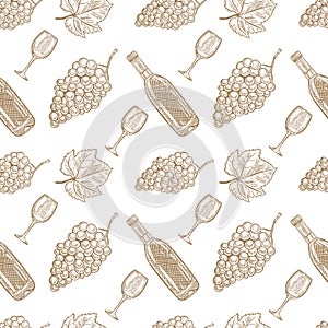 Seamless pattern with hand drawn wine bottle, wine glass and grapes. Design element for poster, card, banner, menu, flyer, package