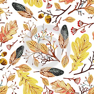 Seamless pattern with hand-drawn yellow autumn oak leaves, acorns, berries, spotted feathers