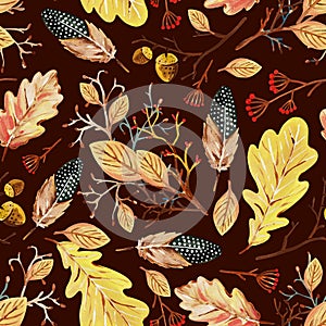 Seamless pattern with hand-drawn yellow autumn oak leaves, acorns, berries, spotted feathers on a brown background