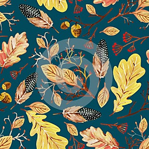 Seamless pattern with hand-drawn yellow autumn oak leaves, acorns, berries, spotted feathers on a dark background