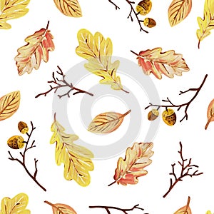 Seamless pattern with hand-drawn yellow autumn oak leaves, acorns, branches