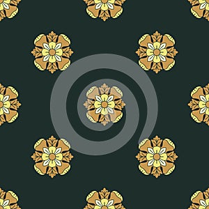 Seamless pattern with hand drawn yellow classic floral rosette motifs