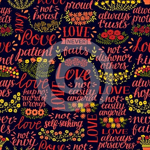 Seamless pattern with hand lettering words Love, patient, kind, always hopes, trusts, never fails.