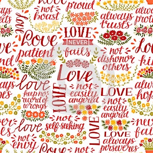 Seamless pattern with hand lettering words Love, patient, kind, always hopes, trusts, never fails. photo