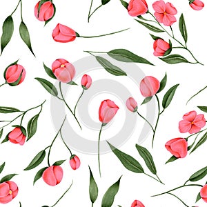 Seamless pattern of hand painted crimson flowers