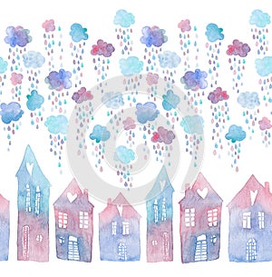 Seamless pattern with hand painted houses and clouds with falling raindrops. Colorful watercolor illustration isolated on white ba
