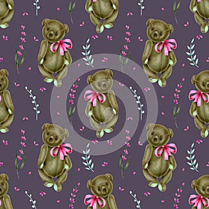 Seamless pattern with hand-painted soft plush toy teddy bears and lavender flowers