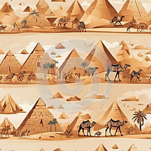 seamless pattern of hand painted stylized egyptian camels and pyramids in papyrus style