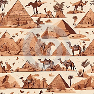 seamless pattern of hand painted stylized egyptian camels and pyramids in papyrus style