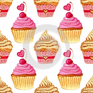Seamless pattern with hand painted watercolor cupcakes with hearts and sweet cherries. Vector background with pink colorful