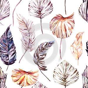 Seamless pattern with hand painted watercolor tropical leaves. Cute design for Summer textile design, scrapbook paper