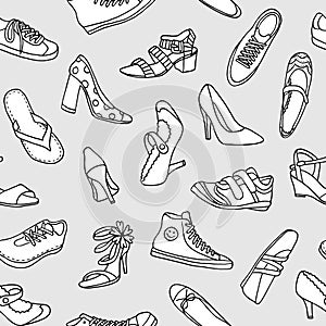 Seamless pattern of hand sketched shoes, black and white