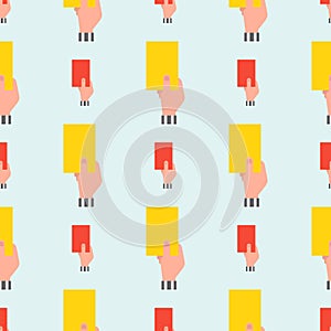 Seamless pattern hand of soccer referee hands showing red yellow card background vector illustration