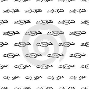 Seamless pattern Handdrawn envelope wings doodle icon. Hand drawn black sketch. Sign symbol. Decoration element. White background