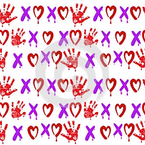 Seamless pattern of handmade watercolor lettering hoho with a heart and a child's palm on a white background. Hand