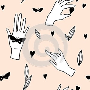 Seamless pattern with hands, butterflies, heart and leaves