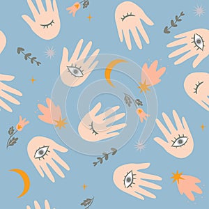 Seamless pattern with hands and eyes. Vector graphics