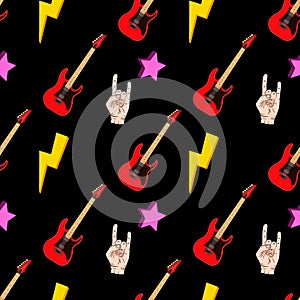 Seamless pattern with hands showing cool rock and roll signs. Hand drawn background for your design. EPS