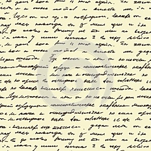 Seamless pattern with handwriting text. Abstract unreadable brown text on beige background ..