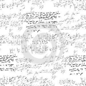 Seamless pattern of handwritten text on white paper in monochrome