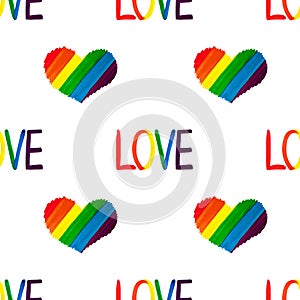 Seamless pattern handwritten word LOVE and hearts LGBT rainbow colors flag on white background isolated close up, LGBTQ ornament