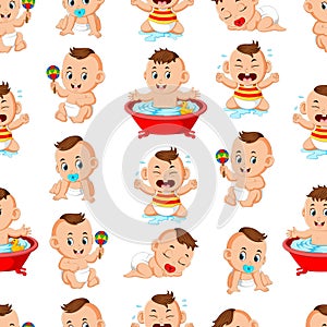 Seamless pattern with happy babys doing the activities