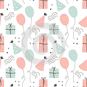Seamless pattern Happy Birthday. Cakes, balloons, gift boxes and party hats. Festive background in simple styler