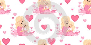 Seamless pattern with happy blonde woman mother with fair-haired daughter in pink on white background with hearts