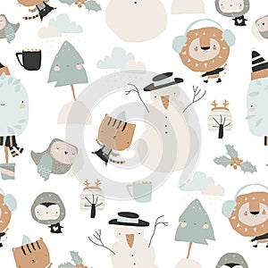 Seamless Pattern with Happy Cartoon Animals meeting Winter Holidays on White Background