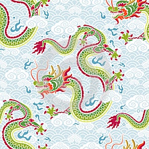 Seamless pattern happy chinese new year 2024 the dragon zodiac sign with asian elements paper cut style on color background.