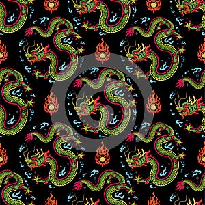 Seamless pattern happy chinese new year 2024 the dragon zodiac sign with asian elements paper cut style on color background.