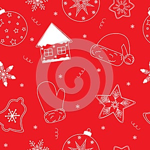 Seamless pattern Happy Christmas with decorations cookie balls tree branches on a red background with snowflakes vector illustrati