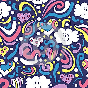 Seamless pattern with happy clouds