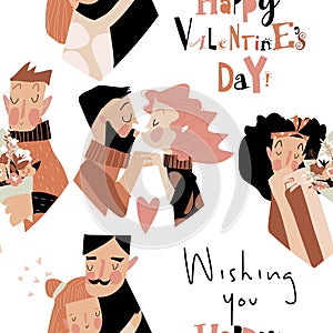Seamless pattern with happy couples in love celebrating Valentine s Day