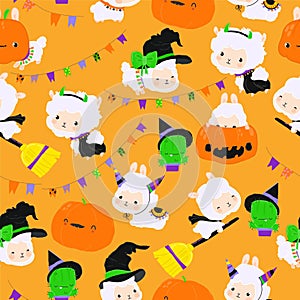 Seamless Pattern with Happy Cute LLama Alpaca and Halloween Elements