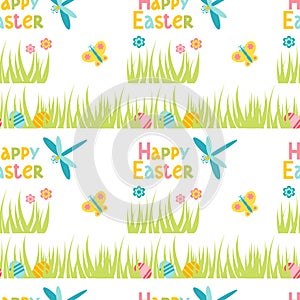 Seamless pattern Happy easter with colorful butterfly, flower, eggs, dragonfly isolated on white background.