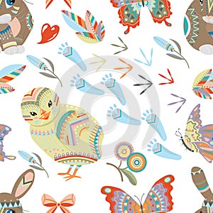 Seamless pattern with Happy Easter holiday traditional symbols and objects - rabbit, chicken, butterfly, colorful eggs and hearts