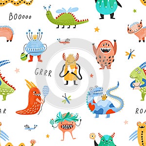 Seamless pattern with happy fantastic monsters, cute fairytale creatures, strange aliens, mutants on white background