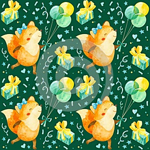 Seamless pattern with happy fox cub with balloons, gifts and other birthday elements. Cute watercolor clipart