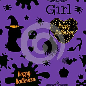 Seamless pattern Happy Halloween design. Vector illustration on a purple background.