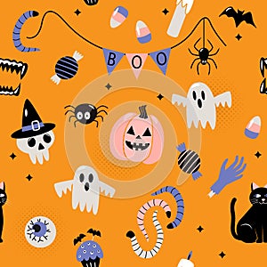 Seamless pattern happy halloween with holiday symbols jack lamp, skull, black cat, worms, bat, candle, cupcake, ghost boo