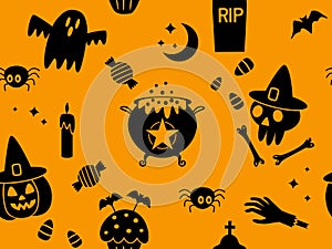 Seamless pattern happy halloween with holiday symbols jack lamp, skull, black cat, worms, bat, candle, cupcake, ghost boo