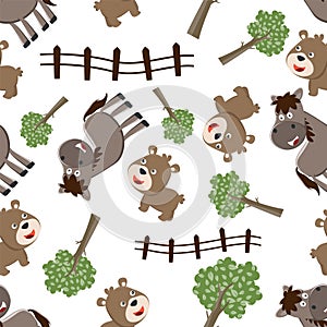 Seamless pattern of Happy horse and bear cartoon in the farm, funny animal cartoon. Creative vector childish background for fabric