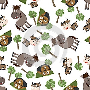 Seamless pattern of Happy horse cartoon in the farm with barn and green field. funny animal cartoon. Creative vector childish