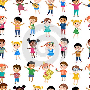 Seamless pattern happy kids. Multicultural children in different positions isolated on white background. Cartoon design